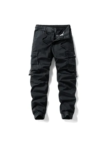Men's Multi Pocket Casual Cargo Pants Fashion Straight Drawstring Waist Joggers Cotton Blend Tactical Outdoor Trousers Bottom