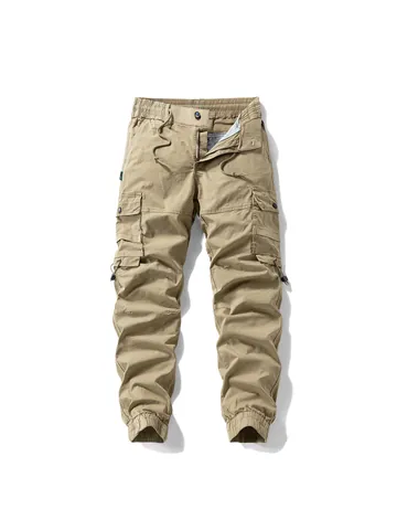 Men's Multi Pocket Casual Cargo Pants Fashion Straight Drawstring Waist Joggers Cotton Blend Tactical Outdoor Trousers Bottom