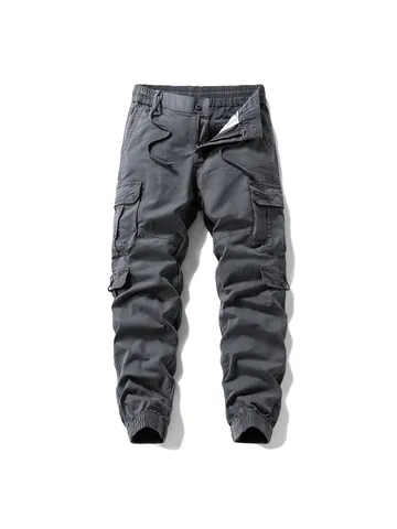 Men's Casual Multi-Pocket Cargo Pants High Street Cotton Blend Cuffed Joggers Tactical Drawstring Waist Solid Bottoms