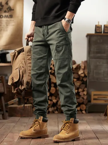 Men's American Retro Cargo Pants Multi-Pocket Outdoor Mountain Style Joggers Cuffed Casual Trousers Cotton Blend Solid Color Pants