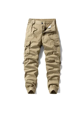 Men's Casual Multi-Pocket Cargo Pants High Street Cotton Blend Cuffed Joggers Tactical Drawstring Waist Solid Bottoms