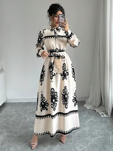 Women Elegant Printed Long Sleeve Shirt Dress Autumn Winter Maxi Dress With Tie Belt Lapel Collar Geometric Print Long Dress