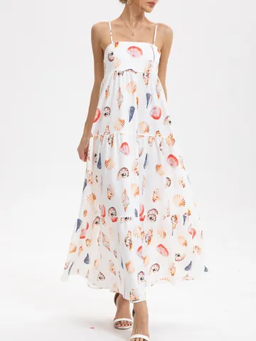 Women Spaghetti Strap Maxi Dress Polyester Seashell Conch Print Tiered Swing Dress With Pockets Summer Vacation Boho Long Dress