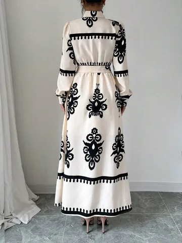 Women Elegant Printed Long Sleeve Shirt Dress Autumn Winter Maxi Dress With Tie Belt Lapel Collar Geometric Print Long Dress