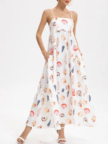 Women Spaghetti Strap Maxi Dress Polyester Seashell Conch Print Tiered Swing Dress With Pockets Summer Vacation Boho Long Dress