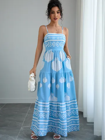 Women's Bohemian Ethnic Print Cami Maxi Dress Summer Casual Vacation Beach Sleeveless Tiered Square Neck Polyester Long Dress