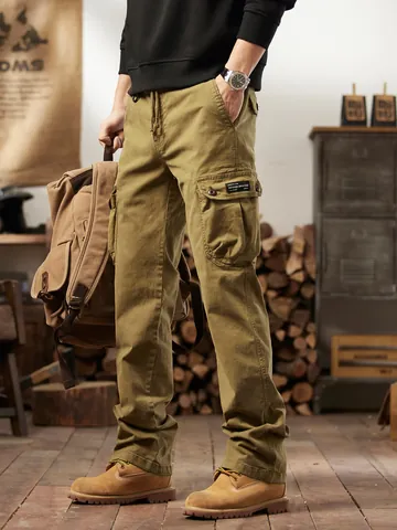 Men's American Vintage Cargo Pants Multi-Pocket Loose Straight Leg Outdoor Work Trousers Cotton Blend Casual Streetwear Bottom