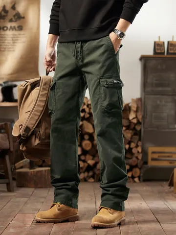 Men's American Vintage Cargo Pants Multi-Pocket Loose Straight Leg Outdoor Work Trousers Cotton Blend Casual Streetwear Bottom