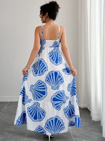 Women Casual Spaghetti Strap Tiered Maxi Dress Blue Shell Printed Beach Vacation Sleeveless Square Neck A-Line Long Dress
