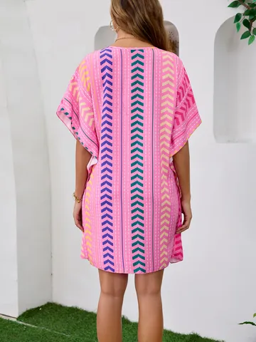 Vestido Bohemio de Viscosa para Mujer con Estampado Escote en V Estilo Dulce de Vacaciones Manga Corta Cintura Elástica