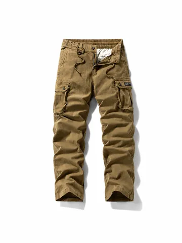 Men's Fleece Lined Cargo Pants Vintage Multi Pocket American Outdoor Casual Cotton Blend Straight Leg Warm Trousers Bottom
