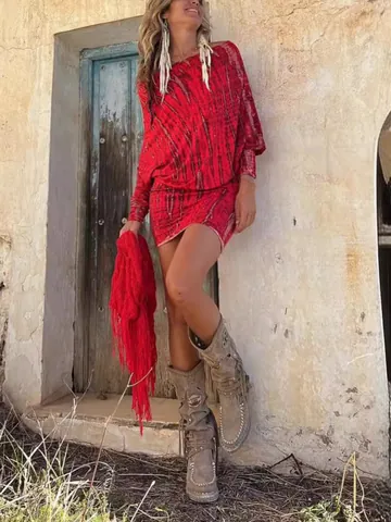 Women Vintage Bohemian Off-Shoulder Batwing Sleeve Viscose Tie-Dye Printed Bodycon Mini Dress For Vacation Party Casual Wear