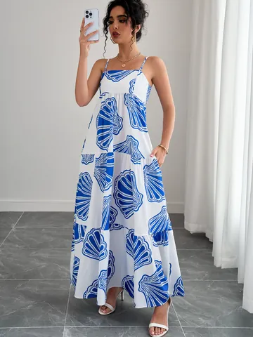Women Casual Spaghetti Strap Tiered Maxi Dress Blue Shell Printed Beach Vacation Sleeveless Square Neck A-Line Long Dress