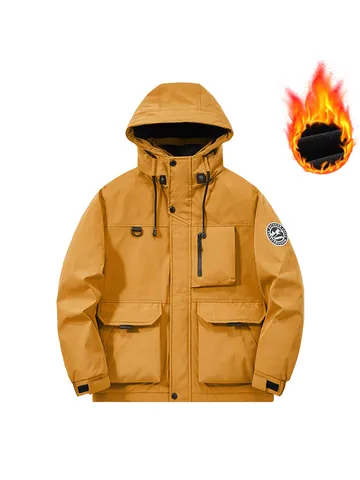 Men's Casual Fleece Lined Padded Jacket Hooded Windproof Loose Fit Winter Coat Multi-Pocket Outdoor Warm Top For Youth