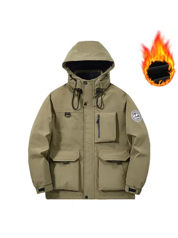 Men's Casual Fleece Lined Padded Jacket Hooded Windproof Loose Fit Winter Coat Multi-Pocket Outdoor Warm Top For Youth