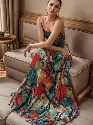 Robe Longue Élégante Sans Bretelles à Smocks pour Femmes Imprimé Abstrait Multicolore Coquillages pour Vacances Fête Plage