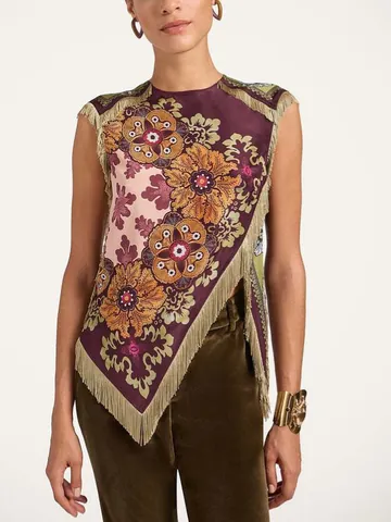 Women Retro Ethnic Floral Printed Top Irregular Tassels Hem Chinese Style Sleeveless Wrap Top Elegant Party Blouse