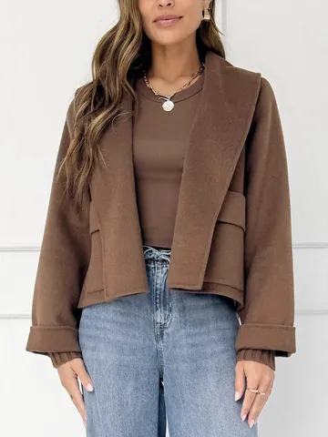 Women's Lapel Woolen Jacket Ribbed Cuffs Short Outerwear Autumn Chic Loose Coat With Pockets Solid Color Open Front Top