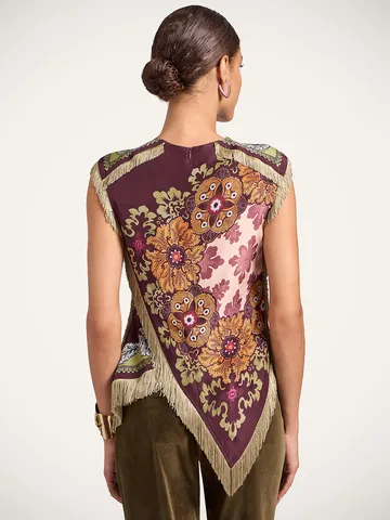 Women Retro Ethnic Floral Printed Top Irregular Tassels Hem Chinese Style Sleeveless Wrap Top Elegant Party Blouse