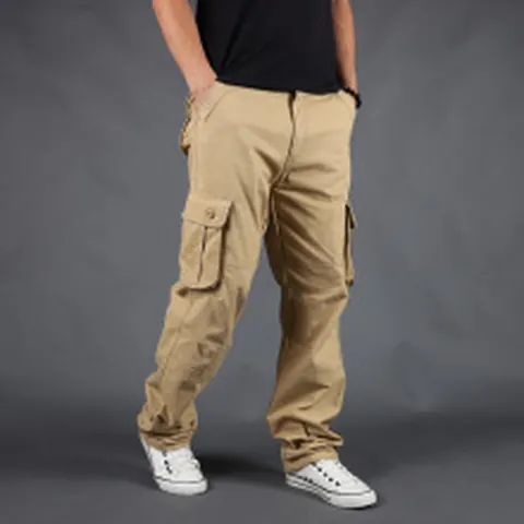 Lockere Herren Cargo-Hose aus Baumwolle mit mehreren Taschen Freizeit Frühling Herbst Dicke Lange Hose im europäischen Stil