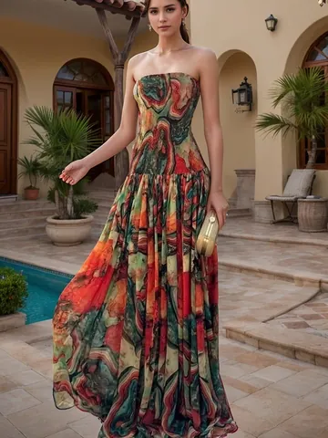 Robe Longue Élégante Sans Bretelles à Smocks pour Femmes Imprimé Abstrait Multicolore Coquillages pour Vacances Fête Plage