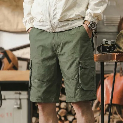 Men's Summer Cotton Cargo Shorts American Retro Casual Straight Fit Five-Point Shorts Multi-Pocket Solid Color Work Shorts