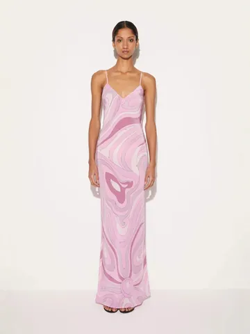 Vestido Largo de Tirantes de Satén Estampado Sexy para Mujer Minimalista con Patrón de Remolino de Mármol Abstracto Abertura Lateral