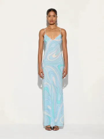 Vestido Largo de Tirantes de Satén Estampado Sexy para Mujer Minimalista con Patrón de Remolino de Mármol Abstracto Abertura Lateral