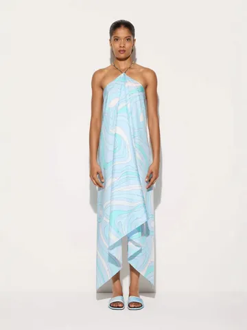 Women Halter Neck Irregular Hem Satin Maxi Dress Elegant Backless Swirl Print Sleeveless Party Vacation Summer Long Dress