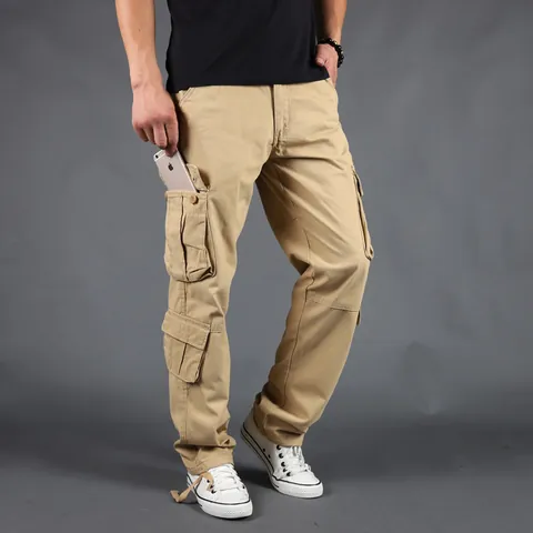 Men's Outdoor Cargo Pants Loose Fit Multi Pocket Cotton Trousers Wear Resistant Straight Leg Casual Work Pants For Spring Summer