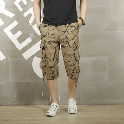 Men's Summer Casual Camouflage Cargo Capri Pants Loose Straight Leg Multi-Pocket 100% Cotton 3/4 Length Bottom For Men