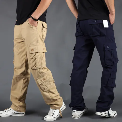 Men's Outdoor Cargo Pants Loose Fit Multi Pocket Cotton Trousers Wear Resistant Straight Leg Casual Work Pants For Spring Summer