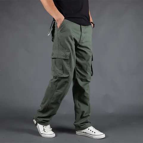 Men's Multi-Pocket Cargo Pants Cotton Loose Straight Leg Workwear Casual Long Trousers Wear Resistant Bottom Trousers