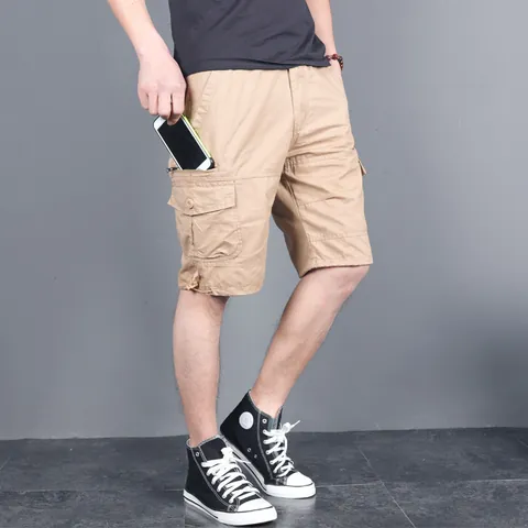 Short Cargo en Coton Décontracté pour Hommes Multi-Poches Coupe Ample Extérieur Été Short à Cinq Points Couleur Unie Coton Hommes