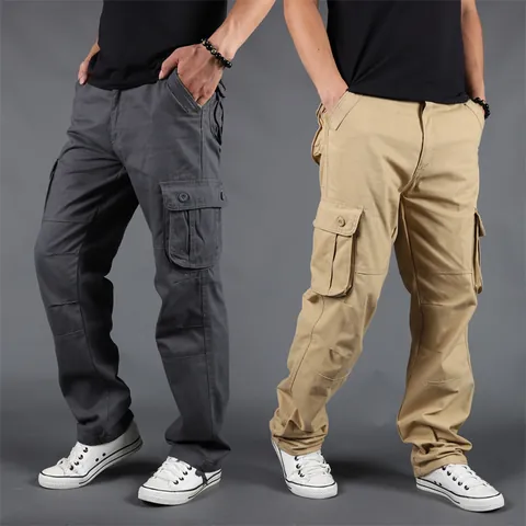 Men's Casual Cargo Pants Multi-Pocket Loose Fit Straight Leg Cotton Thickened Workwear Trousers Tactical Bottom For Outdoor Daily Wear