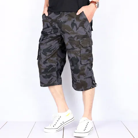 Men's Summer Thin Camouflage Cargo Capri Pants Casual Multi-pocket Loose Fit Cotton Shorts Outdoor Beach Fashion Bottom