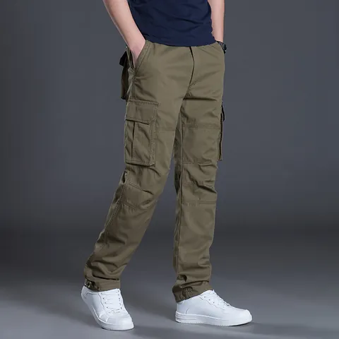 Herren Casual Baumwolle Cargo-Hose Mehrere Taschen Outdoor Gerade Bein Arbeitshose Einfarbig Lockere Passform Bottoms