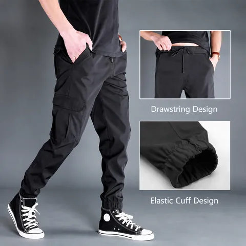 Men Casual Polyester Cargo Pants Quick Dry Loose Fit Multi-Pocket Jogger Sweatpants Streetwear Solid Color Camouflage Pants For Men