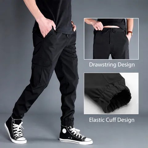 Men Casual Polyester Cargo Pants Quick Dry Loose Fit Multi-Pocket Jogger Sweatpants Streetwear Solid Color Camouflage Pants For Men