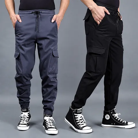 Men Winter Fleece Lined Cargo Pants Loose Elastic Waist Joggers With Pockets Thermal Heavyweight Sweatpants Casual Bottoms