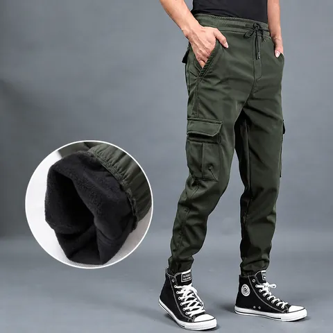 Men Winter Fleece Lined Cargo Pants Loose Elastic Waist Joggers With Pockets Thermal Heavyweight Sweatpants Casual Bottoms