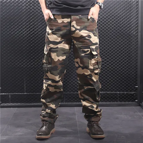 Men's Multi-Pocket Camouflage Cargo Pants Loose Straight Leg Cotton Casual Bottom Outdoor Durable Trousers