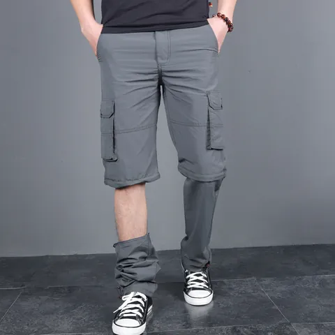 Men's Outdoor Detachable Cargo Pants Nylon Multi-Pocket Quick Dry Zip-Off Convertible Hiking Trousers Loose Casual Bottom