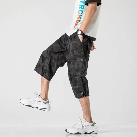 Men Summer Cotton 3/4 Cargo Shorts Plus Size Loose Fit Multi-Pocket Camouflage Breathable Casual Capris Bottom For Men