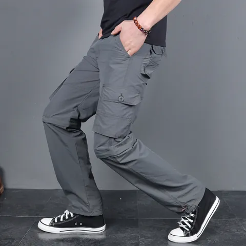 Men's Outdoor Detachable Cargo Pants Nylon Multi-Pocket Quick Dry Zip-Off Convertible Hiking Trousers Loose Casual Bottom