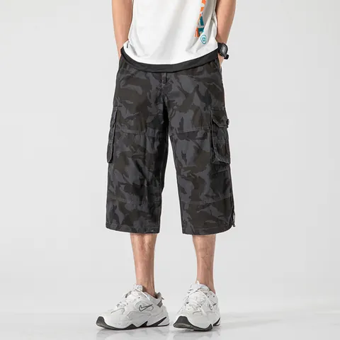 Men Summer Cotton 3/4 Cargo Shorts Plus Size Loose Fit Multi-Pocket Camouflage Breathable Casual Capris Bottom For Men