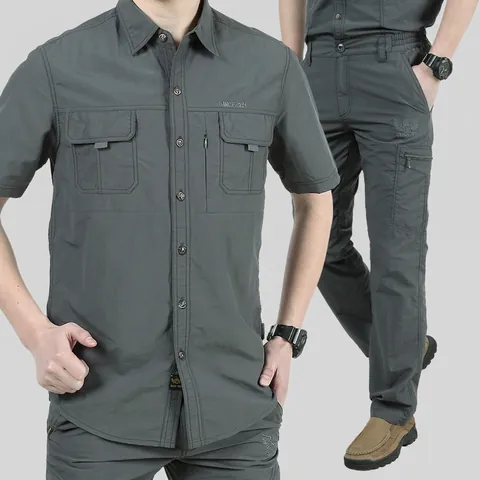 Heren Sneldrogende Outdoor Bergsteiger Set Waterdicht Cargo Shirt En Broek Multi-Pocket Tactisch Pak Casual Werkkleding Top And Bottom