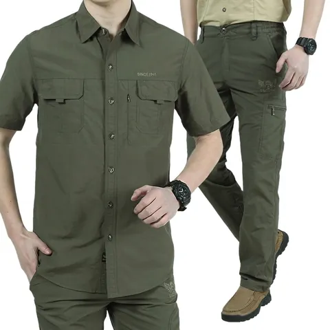 Heren Sneldrogende Outdoor Bergsteiger Set Waterdicht Cargo Shirt En Broek Multi-Pocket Tactisch Pak Casual Werkkleding Top And Bottom