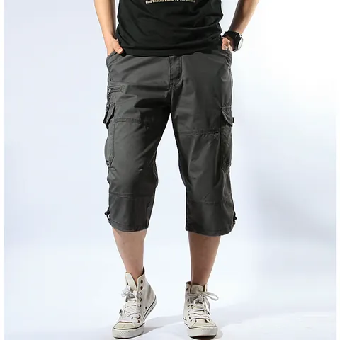 Men's Cargo Shorts Summer Thin Loose Big Size Multi-Pocket Outdoor Casual 3/4 Pants Cotton High Waist Tactical Bottom
