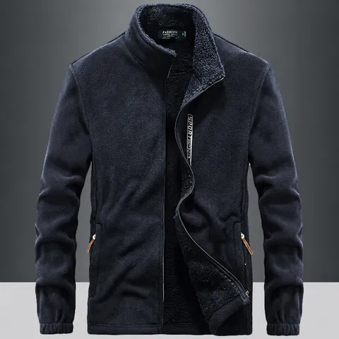 Men Autumn Winter Polar Fleece Jacket Stand Collar Thickened Fleece Lined Cardigan Thermal Full Zip Embroidered Jacket Fashion Loose Fit Long Sleeve Top